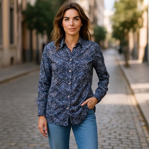 J.McLaughlin Lois Shirt M Blue Watercolor Cotton Blend Button Front Long Sleeve - Picture 1 of 6